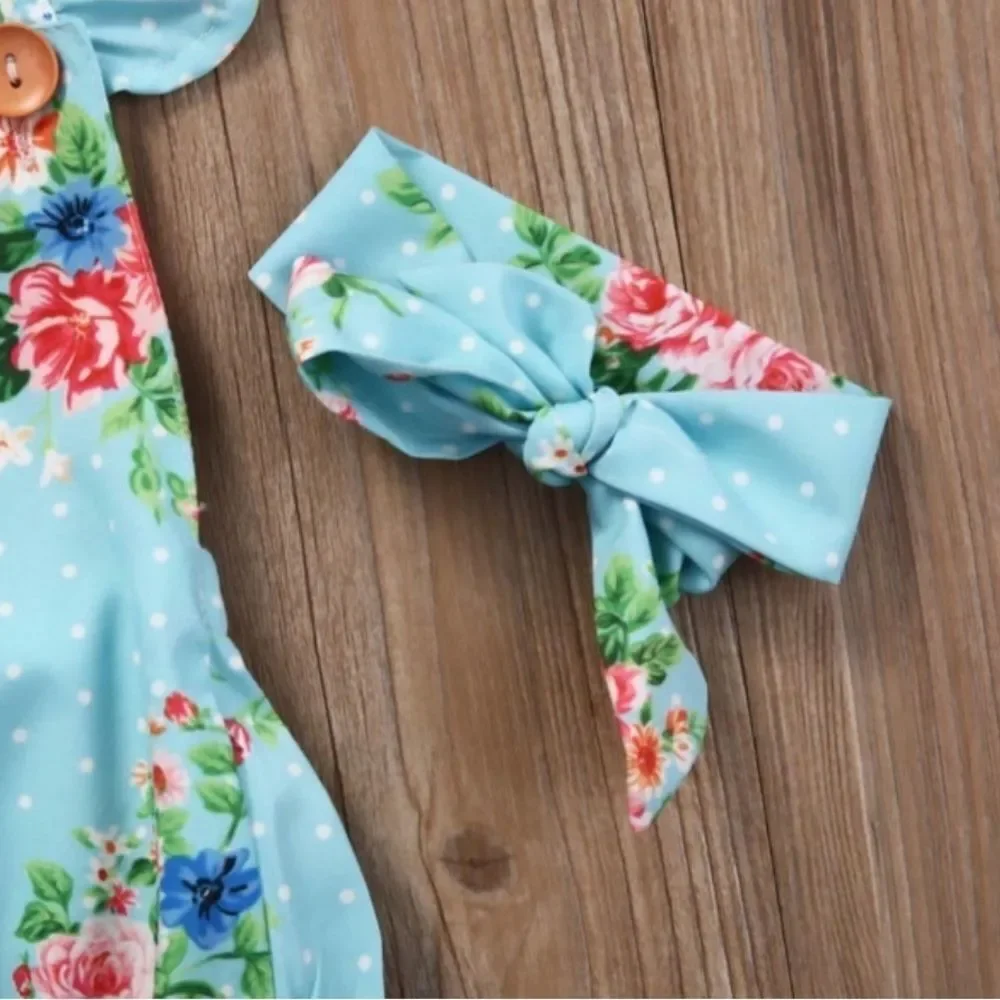 NEW SZ 0-3 month girls one piece floral baby romper w/ headband, strap w/ button
